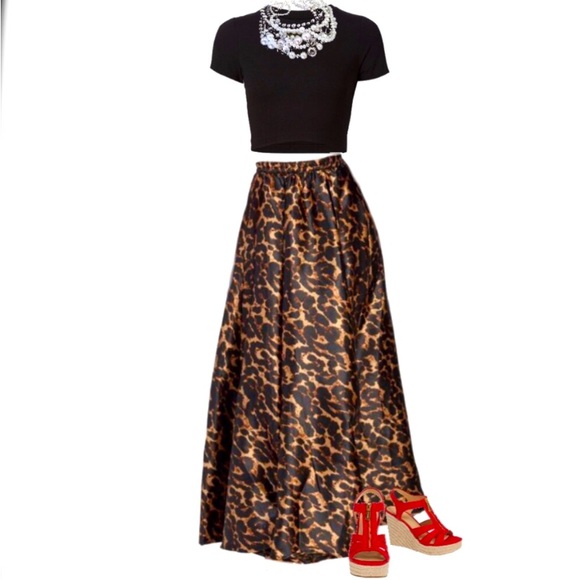 Boutique Satin Leopard Flowy A-Line Maxi Midi Skirt - Picture 12 of 16